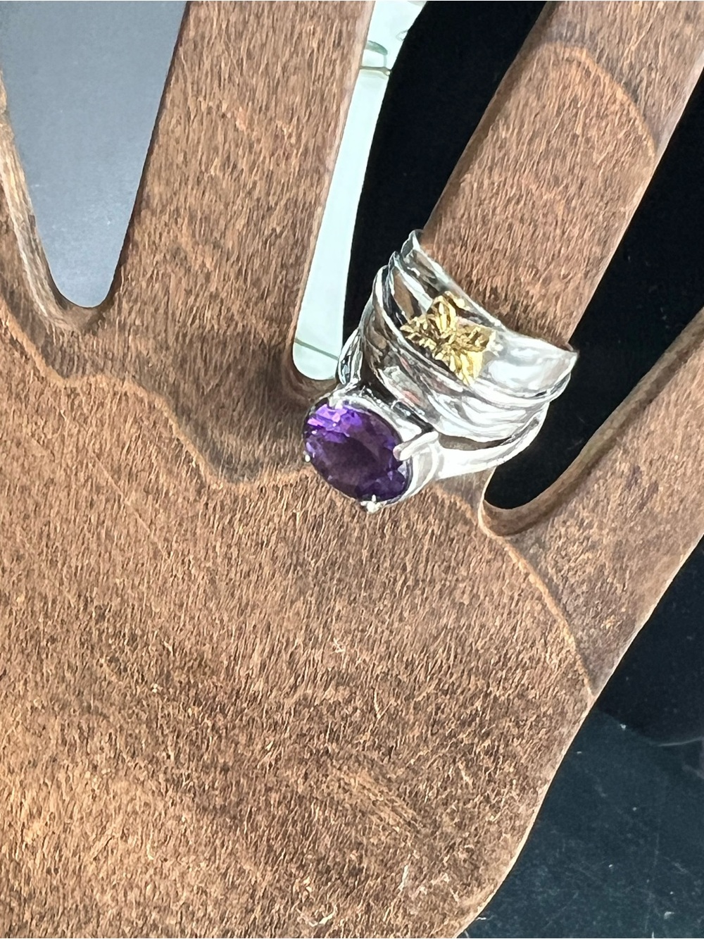 Or Paz Sterling Silver, Natural Amethyst Ring with Gold Butterfly Accent.